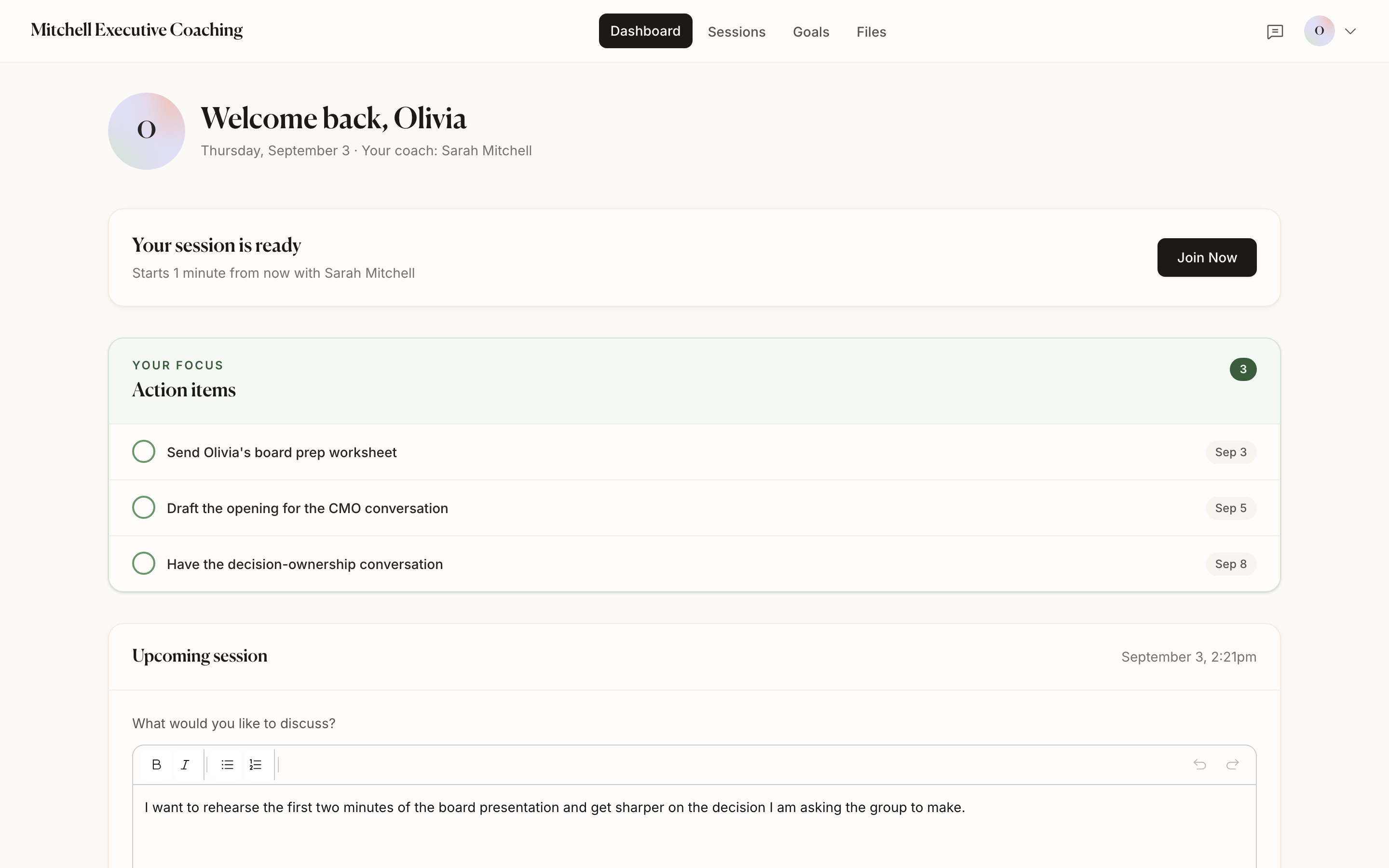 CoachBase client portal dashboard with upcoming sessions, goals, tasks, shared files, and messages