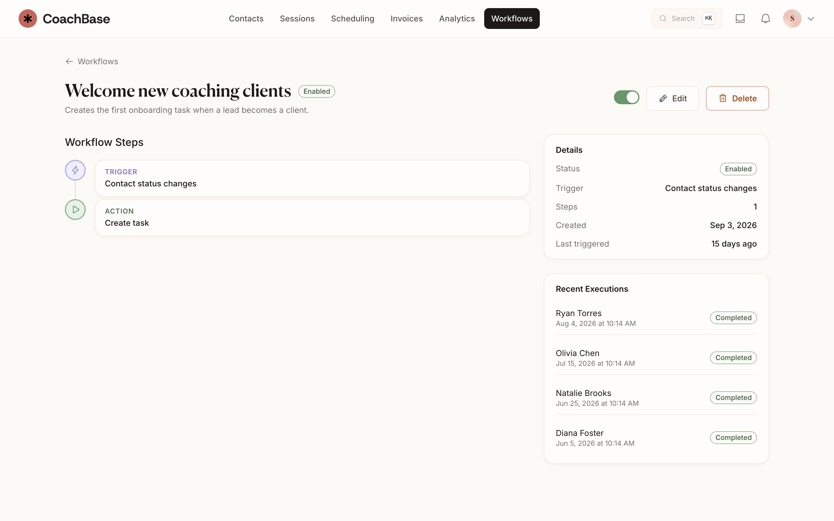 CoachBase workflow builder with a client trigger and automated follow-up steps