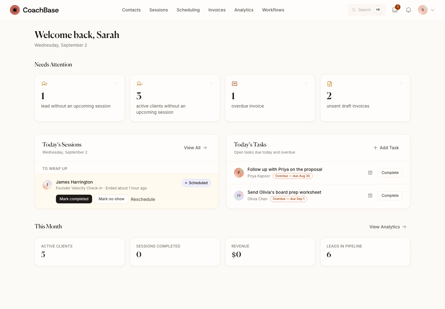 CoachBase dashboard showing sessions, tasks, and client activity